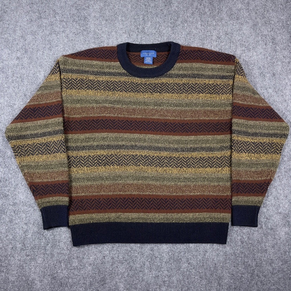 Vintage Towncraft Striped Sweater Mens Medium Brown Chevron Knit Crewneck